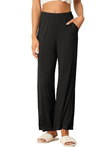 cheibear Damen-Pyjamahose aus Baumwolle, elastische Taille, lockere fließende Jogginghose mit Taschen, Schwarz , 32 von cheibear