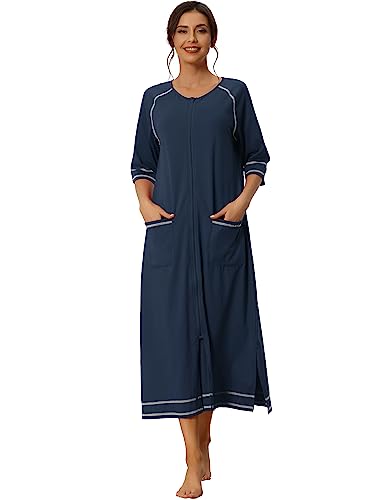 cheibear Damen-Robe mit Reißverschluss, langärmelig, Loungewear, Hausmantel, Midi-Nachthemd mit Taschen Blau XXL von cheibear