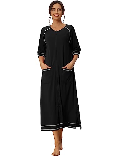 cheibear Damen-Robe mit Reißverschluss, langärmelig, Loungewear, Hausmantel, Midi-Nachthemd mit Taschen Schwarz M von cheibear