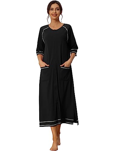 cheibear Damen-Robe mit Reißverschluss, langärmelig, Loungewear, Hausmantel, Midi-Nachthemd mit Taschen Schwarz XXL von cheibear