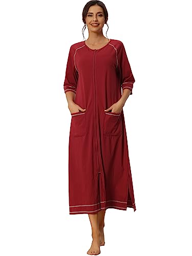 cheibear Damen-Robe mit Reißverschluss, langärmelig, Loungewear, Hausmantel, Midi-Nachthemd mit Taschen rot XXL von cheibear