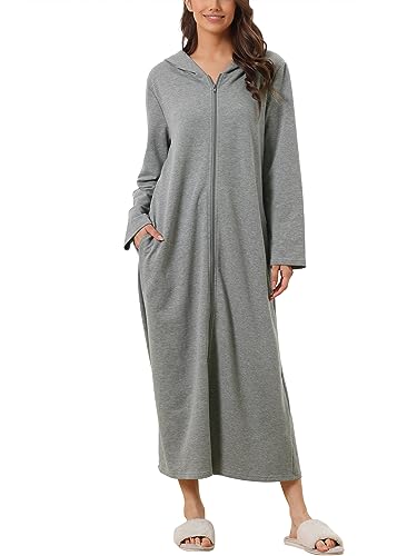 cheibear Damen Robe mit Reißverschluss vorne und Kapuze Hauskleid Nachthemd Hausmantel Kapuzenpullover langer Loungewear Bademantel Dunkel grau S von cheibear