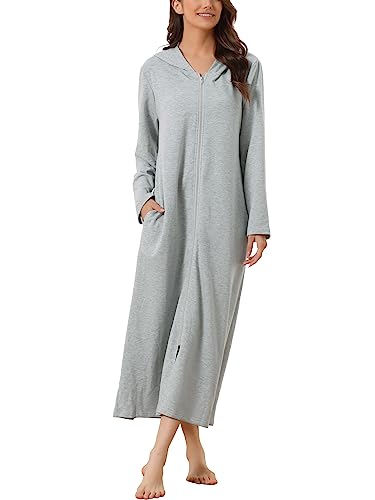 cheibear Damen Robe mit Reißverschluss vorne und Kapuze Hauskleid Nachthemd Hausmantel Kapuzenpullover langer Loungewear Bademantel Grau S von cheibear