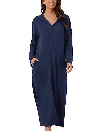 cheibear Damen Robe mit Reißverschluss vorne und Kapuze Hauskleid Nachthemd Hausmantel Kapuzenpullover langer Loungewear Bademantel Navy blau L von cheibear