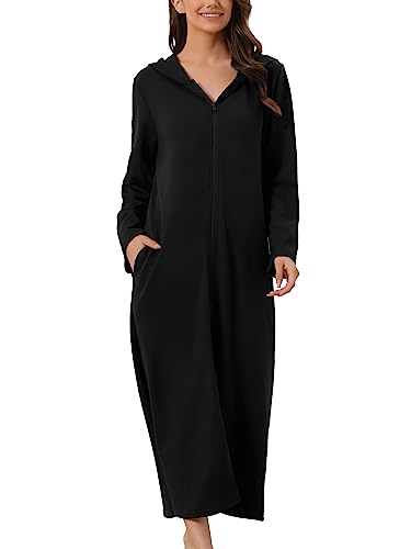 cheibear Damen Robe mit Reißverschluss vorne und Kapuze Hauskleid Nachthemd Hausmantel Kapuzenpullover langer Loungewear Bademantel Schwarz L von cheibear