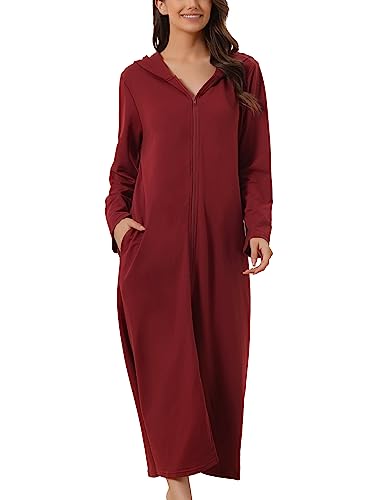 cheibear Damen Robe mit Reißverschluss vorne und Kapuze Hauskleid Nachthemd Hausmantel Kapuzenpullover langer Loungewear Bademantel rot M von cheibear