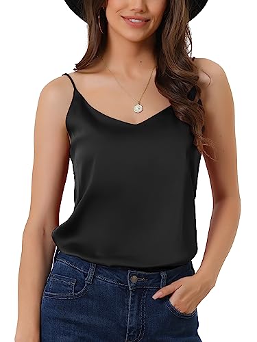 cheibear Damen Satin Cami Top Basic Top mit V Ausschnitt und Spaghettiträgern seidiges Camisole Schwarz L von cheibear