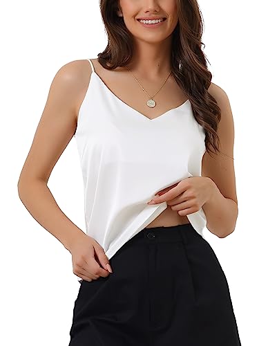 cheibear Damen Satin Cami Top Basic Top mit V Ausschnitt und Spaghettiträgern seidiges Camisole Weiß XL von cheibear