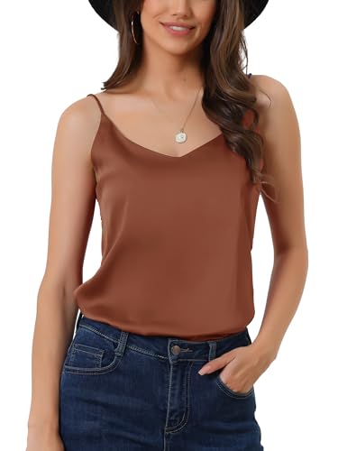 cheibear Damen Satin Cami Top Basic Top mit V Ausschnitt und Spaghettiträgern seidiges Camisole Ziegelrot M von cheibear