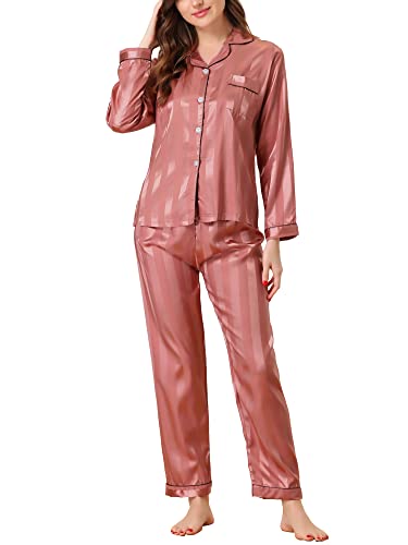 cheibear Damen Satin Nachtwäsche Weiche Knopfleiste Nachtwäsche mit Hose Lounge Pyjama Set, rose, 38 von cheibear