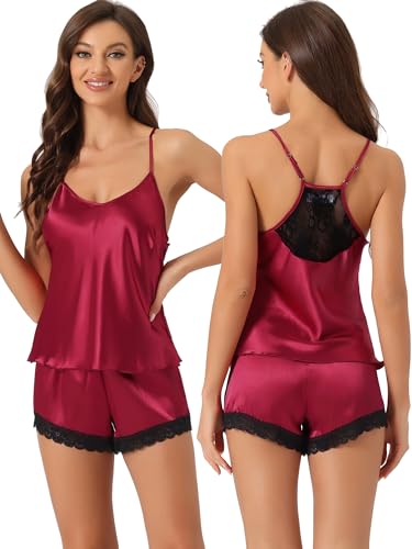cheibear Damen Satin Pyjama ärmellos mit Spitzenbesatz Camisole-Oberteil und Shorts schicke Lounge-Sets rot M von cheibear
