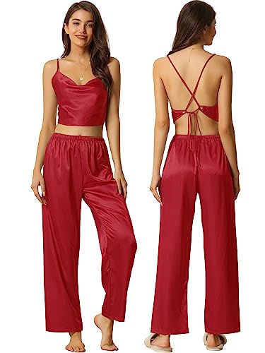 cheibear Damen Satin Pyjama für ärmellos Crop Cami Nachtwäsche mit Hose Valentinstag Sliky Lounge Set rot M von cheibear