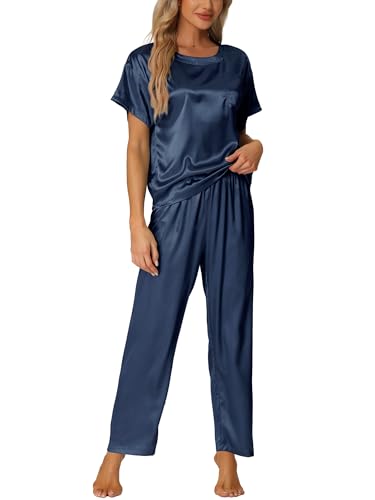 cheibear Damen Satin-Pyjamas Sommer-Outfits Kurzarm-Oberteile mit Hosen Seidige Lounge-Sets Blau L von cheibear