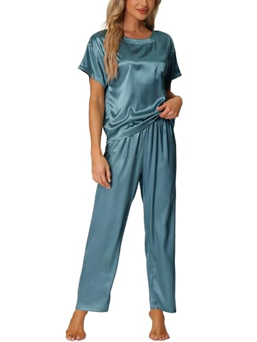 cheibear Damen Satin-Pyjamas Sommer-Outfits Kurzarm-Oberteile mit Hosen Seidige Lounge-Sets Pfauenblau M von cheibear