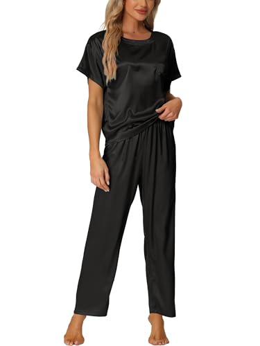 cheibear Damen Satin-Pyjamas Sommer-Outfits Kurzarm-Oberteile mit Hosen Seidige Lounge-Sets Schwarz XXL von cheibear
