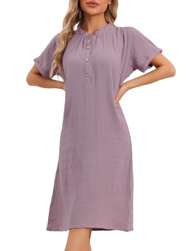 cheibear Damen Schlafanzug Baumwolle Nachthemd weich kurzärmlig V Ausschnitt langes Nachthemd Loungewear Lila M von cheibear