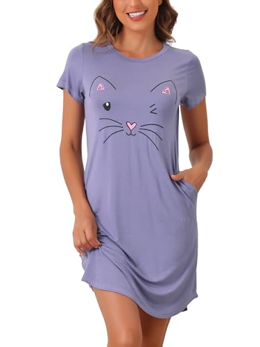 cheibear Damen Schlafanzug mit kurzen Ärmeln Bedruckt Nachthemden weiche Nachtwäsche süße Katzen Nachthemden Grau Lila XS von cheibear
