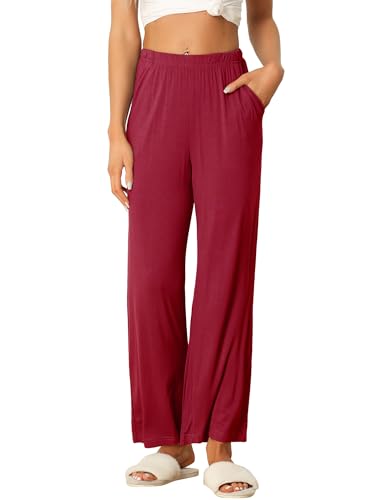 cheibear Damen Schlafanzughose Baumwolle Lang Weich Loungehose Yogahose Nachtwäsche Hosen mit Taschen Pyjamahose mit geradem Beinil Lila Rot XS von cheibear