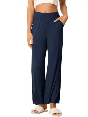 cheibear Damen Schlafanzughose Baumwolle Lang Weich Loungehose Yogahose Nachtwäsche Hosen mit Taschen Pyjamahose mit geradem Beinil Tiefes Blau XL von cheibear