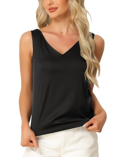 cheibear Damen Tanktop aus Satin seidig lässig Basic ärmellose mit V-Ausschnitt Bluse Schwarz XL von cheibear