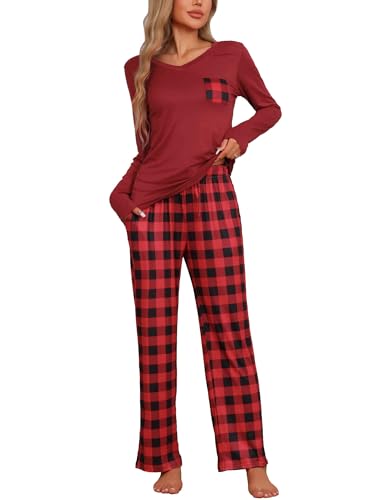 cheibear Pyjama-Set für Damen langärmelig kariert weich Lounge Set mit Taschen rot XS von cheibear