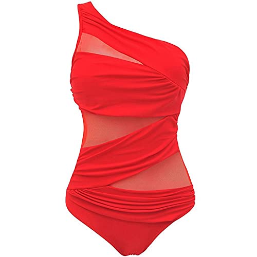 chengjiexu Badeanzug Bikini Damen Plus Size Badeanzüge Damen One Shoulder Slim Bademode Für Damen Mesh Push Up Gepolsterte Badeanzüge L Rot von chengjiexu