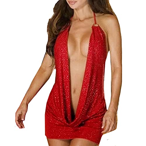 chenyesun Damen Reizwäsche Sexy Pyjamas Dessous Set Erotik Rückenfrei Bodysuit Reizvolle Negligee Kurz Tiefer V-Ausschnitt Halter Lingerie Bodysuit Nachtwäsche Nachtwäsche (Rot-1) von chenyesun