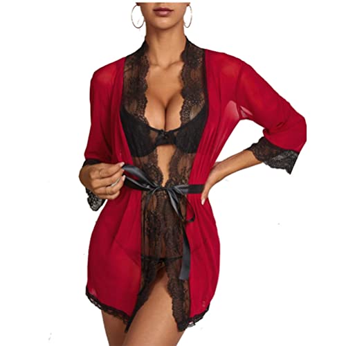 chenyesun Dessous Sexy für Damen Nahtlose Dessous Babydolls Lackleder Wetlook Sexy Negligees Lingerie Nachtkleid Sleepwear Gaze Perspektive Bademantel (Rot) von chenyesun