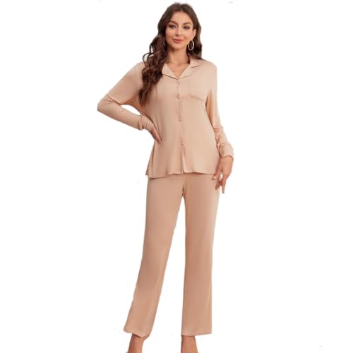 chenyesun Schlafanzug Damen Baumwolle Pyjama Set Lang Pyjama Set mit Knöpfen Zweiteiliger Nachtwäsche Baumwolle Schlafanzüge Loungewear Hausanzug Freizeitanzug von chenyesun