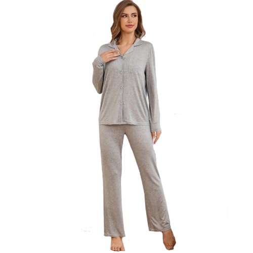 chenyesun Schlafanzug Damen Baumwolle Pyjama Set Lang Pyjama Set mit Knöpfen Zweiteiliger Nachtwäsche Baumwolle Schlafanzüge Loungewear Hausanzug Freizeitanzug von chenyesun