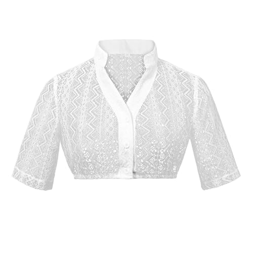 chenyu Dirndl Bluse Damen Weiß Spitze Trachtenbluse V-Ausschnitt Halbarm Tops Elegante Hochgeschlossen Bluse Kurzarm Dirndlblusen mit Knopf für Bayrische Traditionelle Oktoberfest Kostüm von chenyu