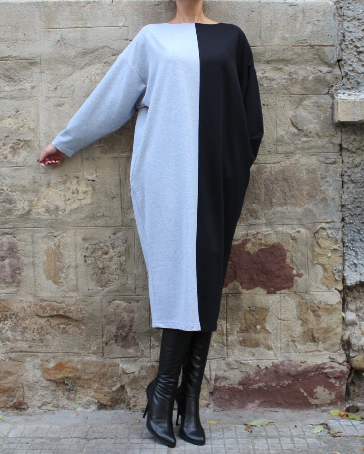 Color Block Midi Kleid Zweifarbiges Baumwoll Langarm Outfit von cherryblossomsdress