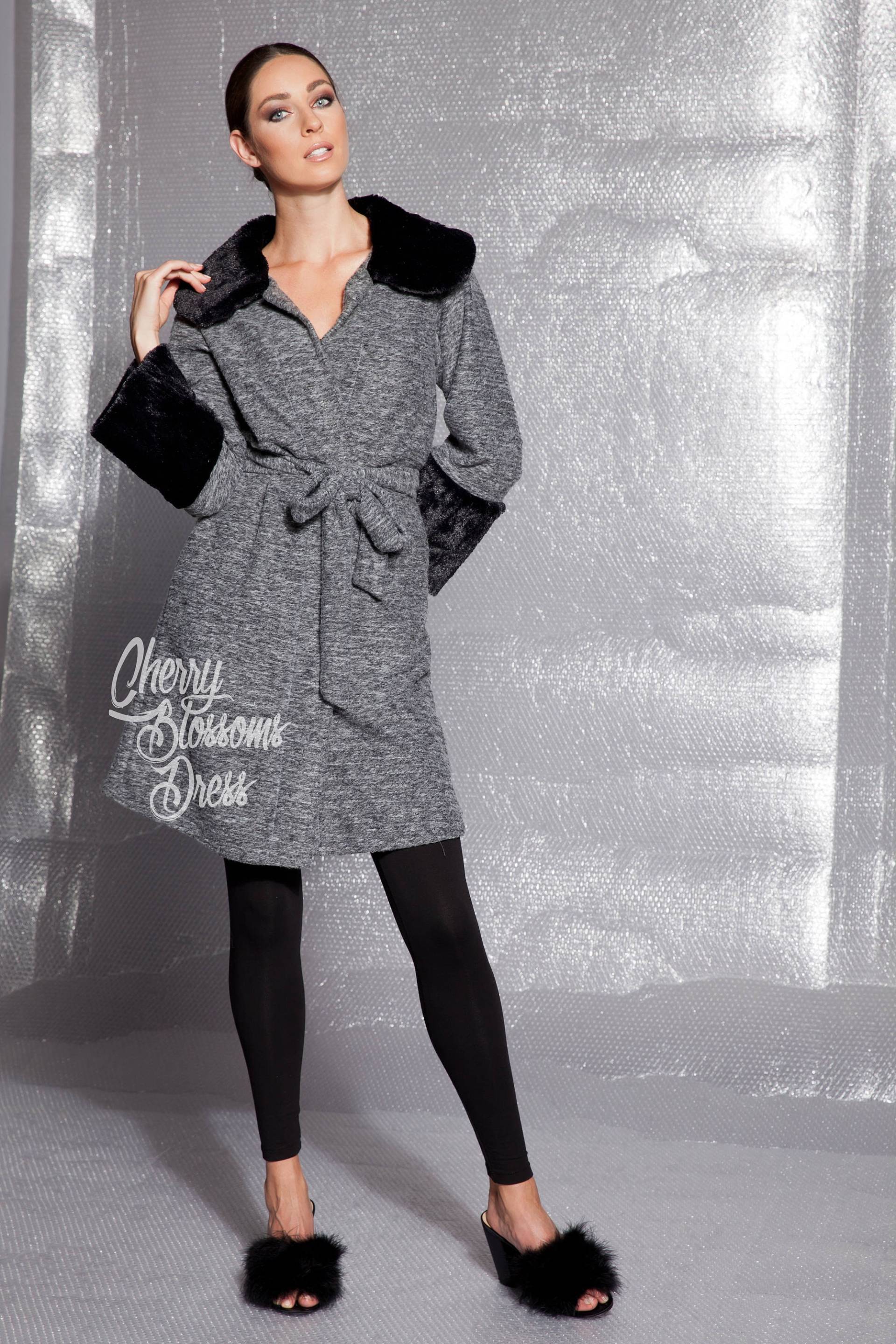 Graue Trench-strickjacke Mit Kunstpelz-Bündchen - Herbst Wintermantel von cherryblossomsdress