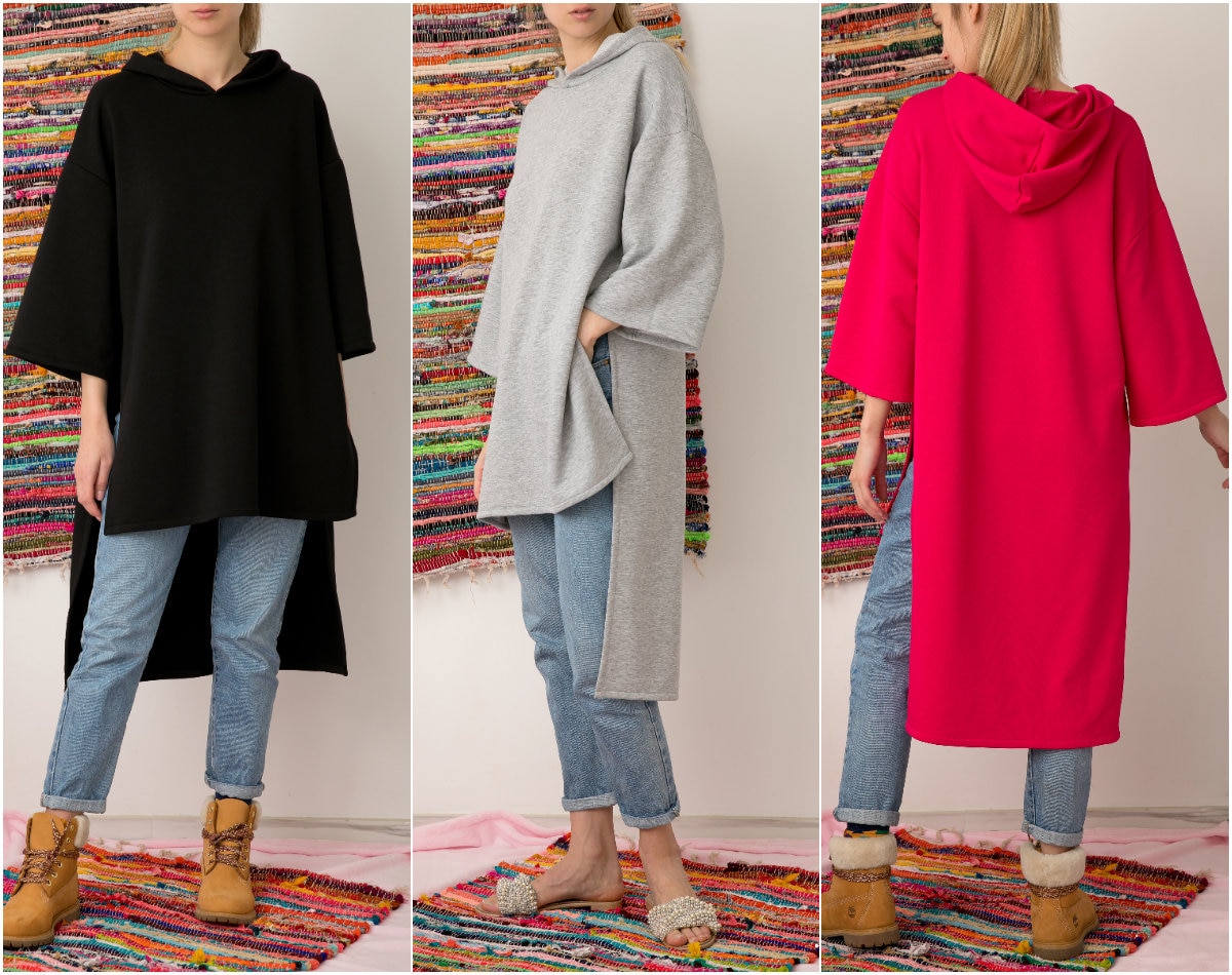 Grauer Hoodie, Oversized Sweatshirt, Hoodie Damen, Maxi Kapuzenpullover, Großer Kapuzenpullover von cherryblossomsdress