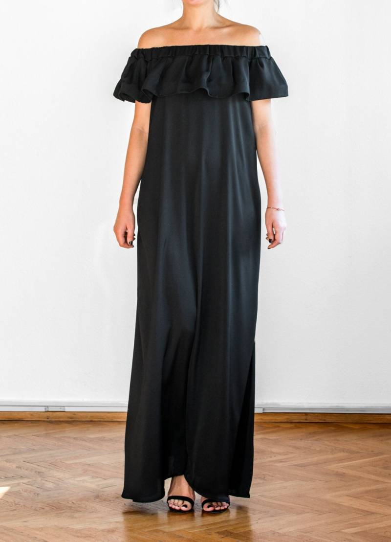 Satin Schwarzes Maxikleid Handgefertigtes Elegantes Cocktailpartykleid, Größe S von cherryblossomsdress