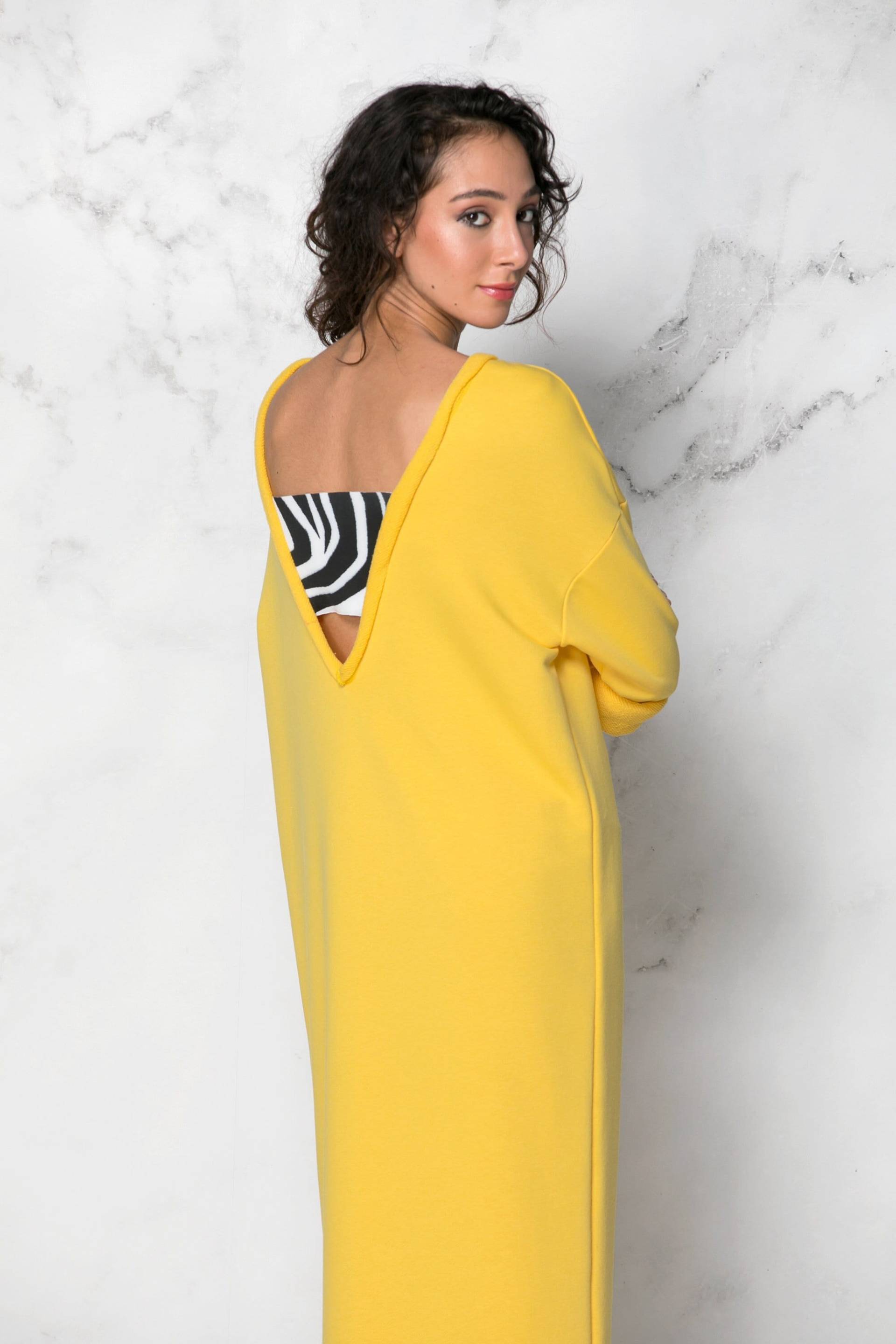 Handgemachtes Gelbes Baumwolle Maxi Kleid, Langarm Lounge Kaftan, Plus Size von cherryblossomsdress