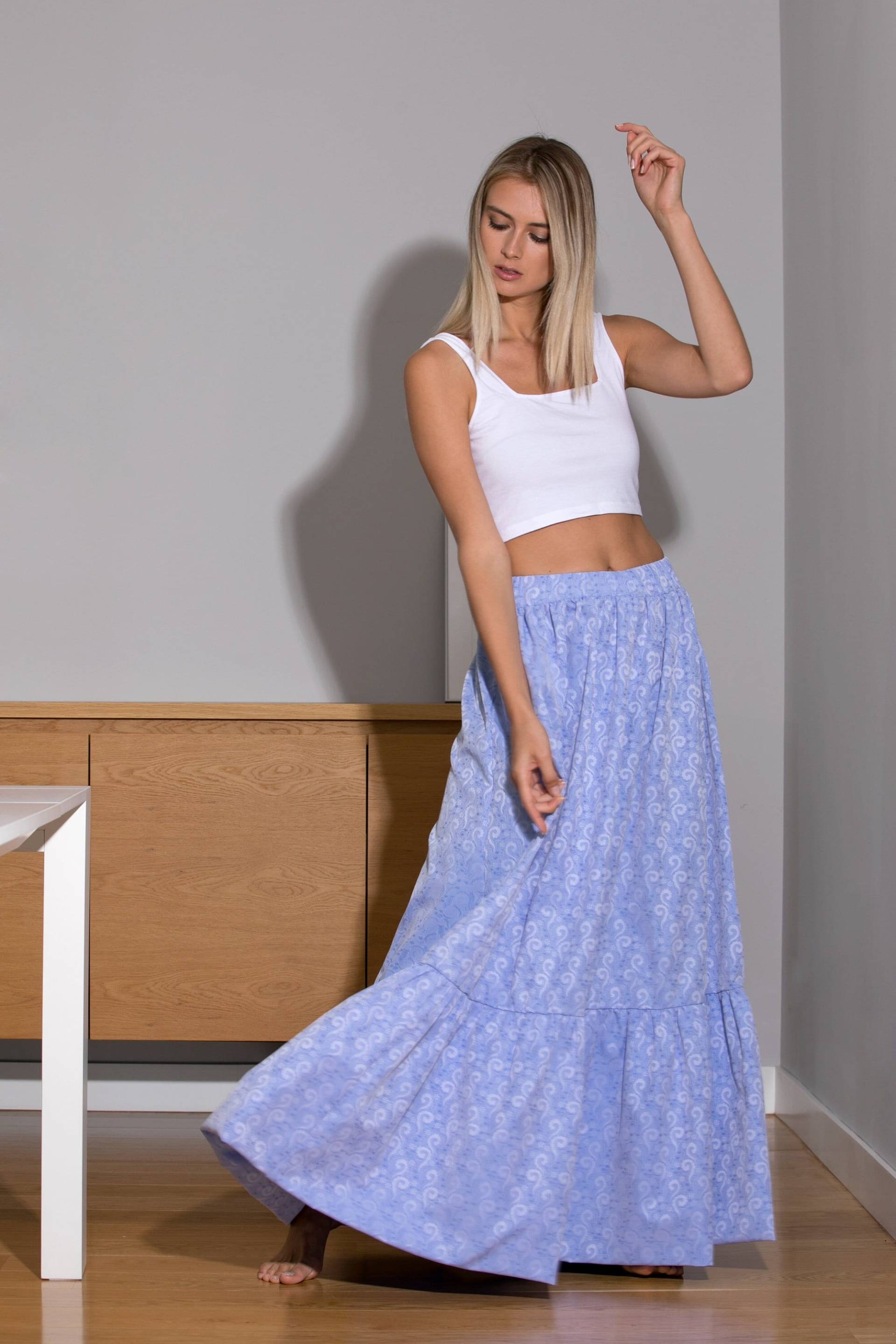 Himmelblauer Baumwoll-Maxirock Boho Langer Rüschenrock | Größe M Oder L von cherryblossomsdress