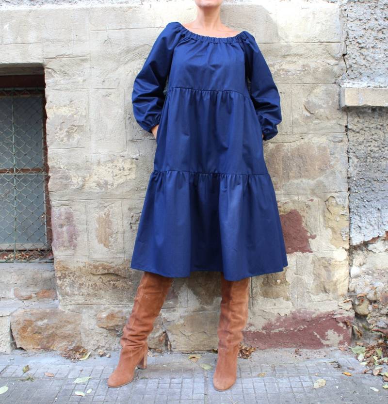Jeans Midi Kleid Mit Puffärmeln, Plus Size in Blau Jeans Midi Kleid Mit Puffärmeln, Plus Size in Blau von cherryblossomsdress