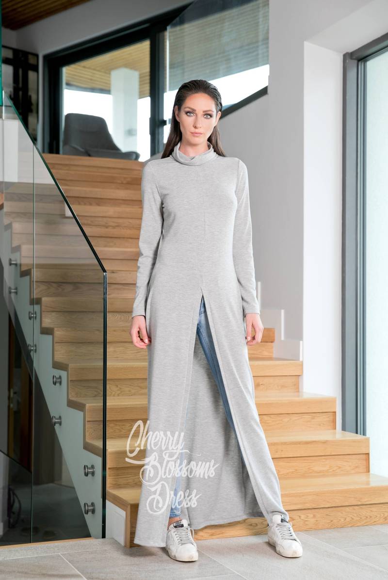 Graue Viscose Strick Maxi Tunika Kleid - Langarm Stehkragen von cherryblossomsdress