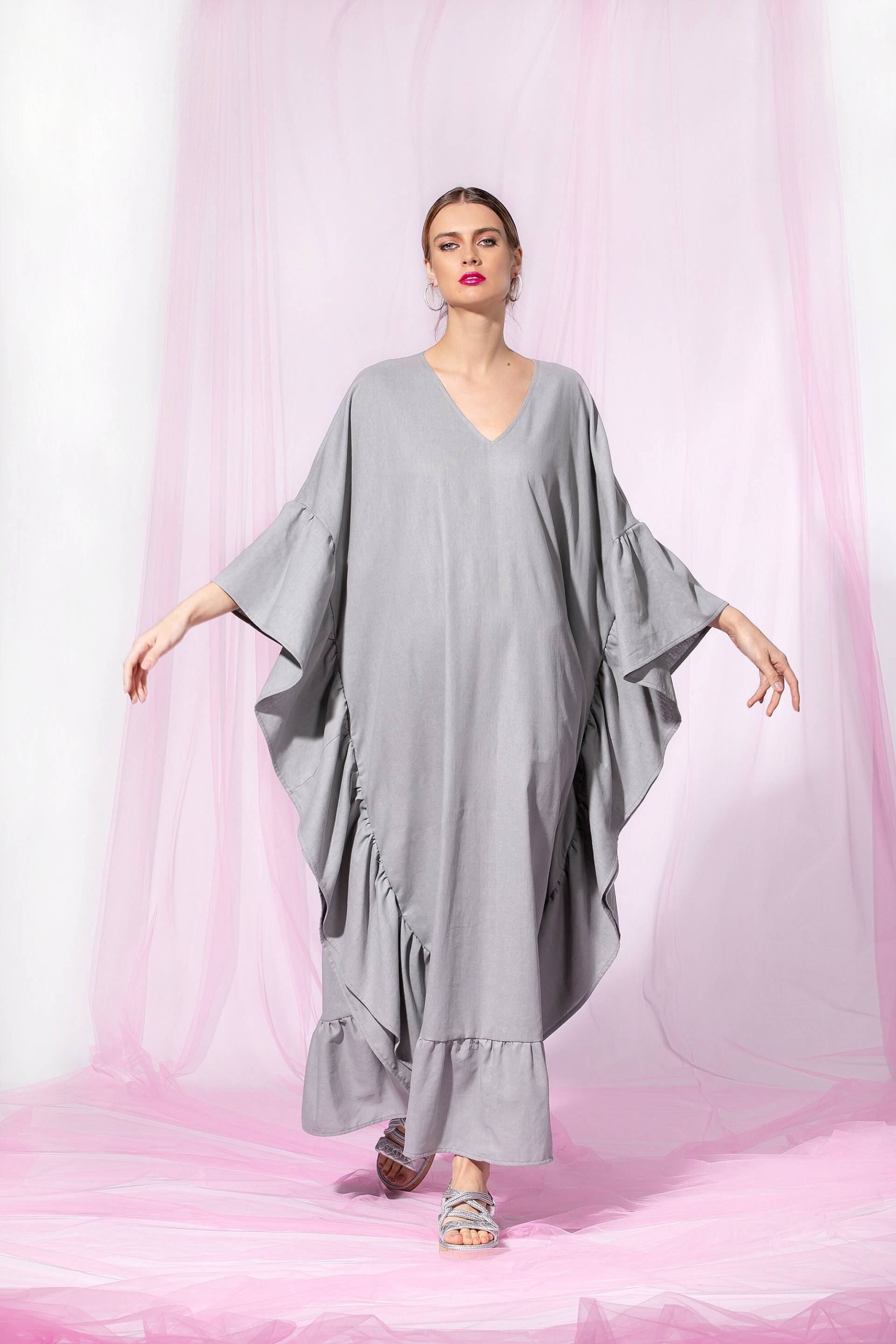 Leinen Kaftan Kleid, Bequemes Plus Size Grau Kaftan Maxi Kleidung Für Frauen, Kaftan, Loses Kleid von cherryblossomsdress