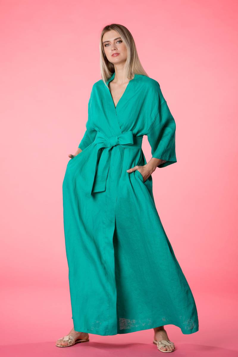 Leinen Wickeln Kleid, Robe Boho Kleidung, Mutterschaft Kimono Plus Größe Lose Maxi-Kleid, Komfortabel von cherryblossomsdress