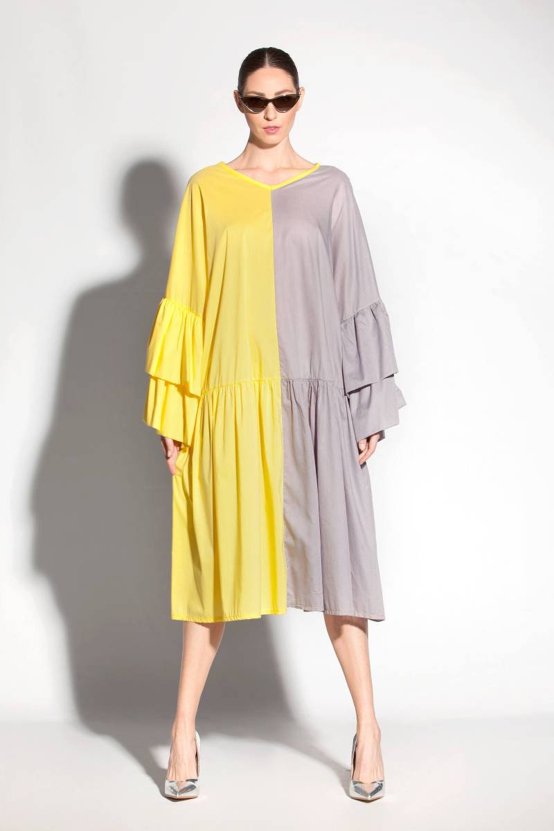 Maxikleid Aus Baumwolle in Grau Und Gelb, Midi Angepasstes Kleid Nach Maße Größe von cherryblossomsdress