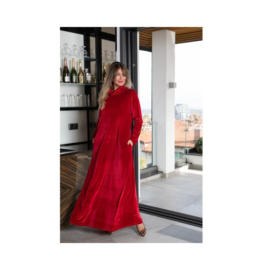 Maxikleid Aus Rotem Samt Langarm-Urlaubspartykleid von cherryblossomsdress