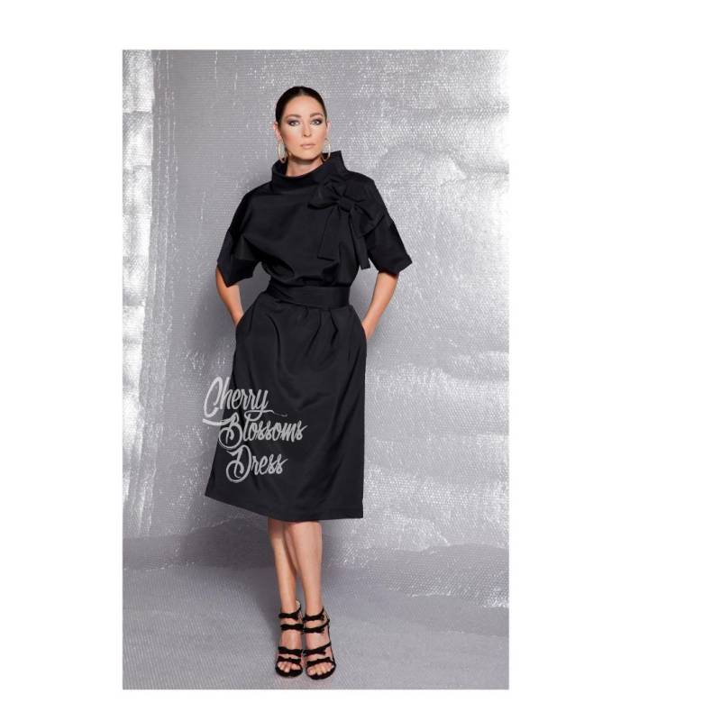 Handgemachte Schwarze Baumwolle Midi Kleid Elegantes Cocktail Party Kleid von cherryblossomsdress