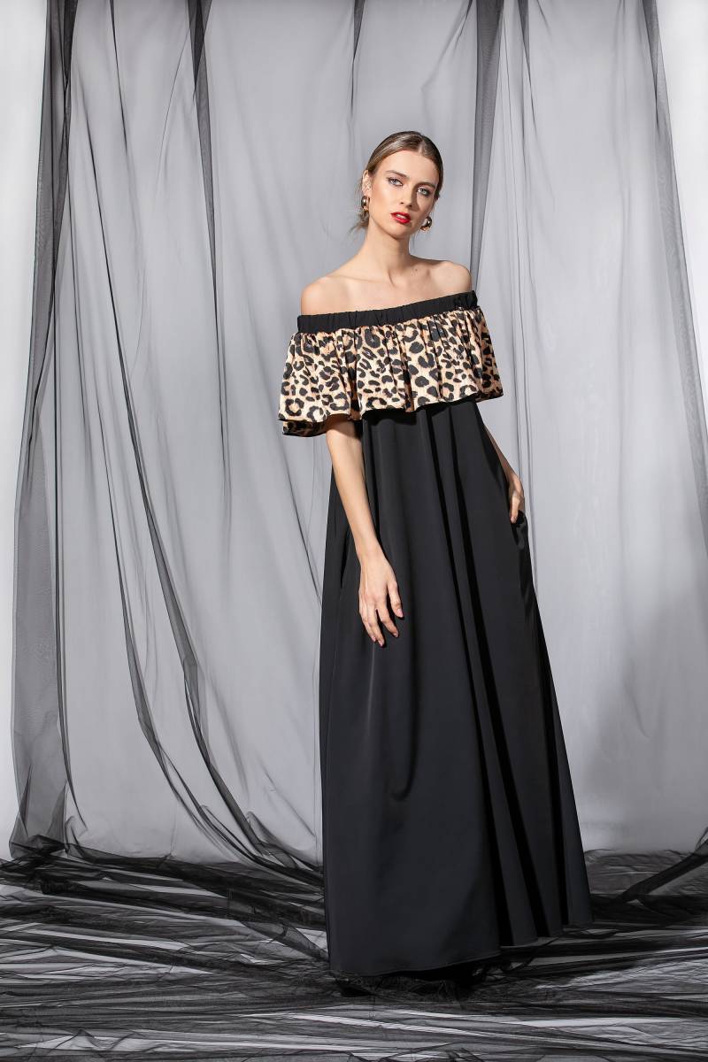 Off-The-Shoulder Kleid, Schwarzes Rüschenkleid Mit Tierprint, Elegantes Maxikleid, Plus Size Kleid Lockerer Passform, Leopardenkleid Taschen von cherryblossomsdress