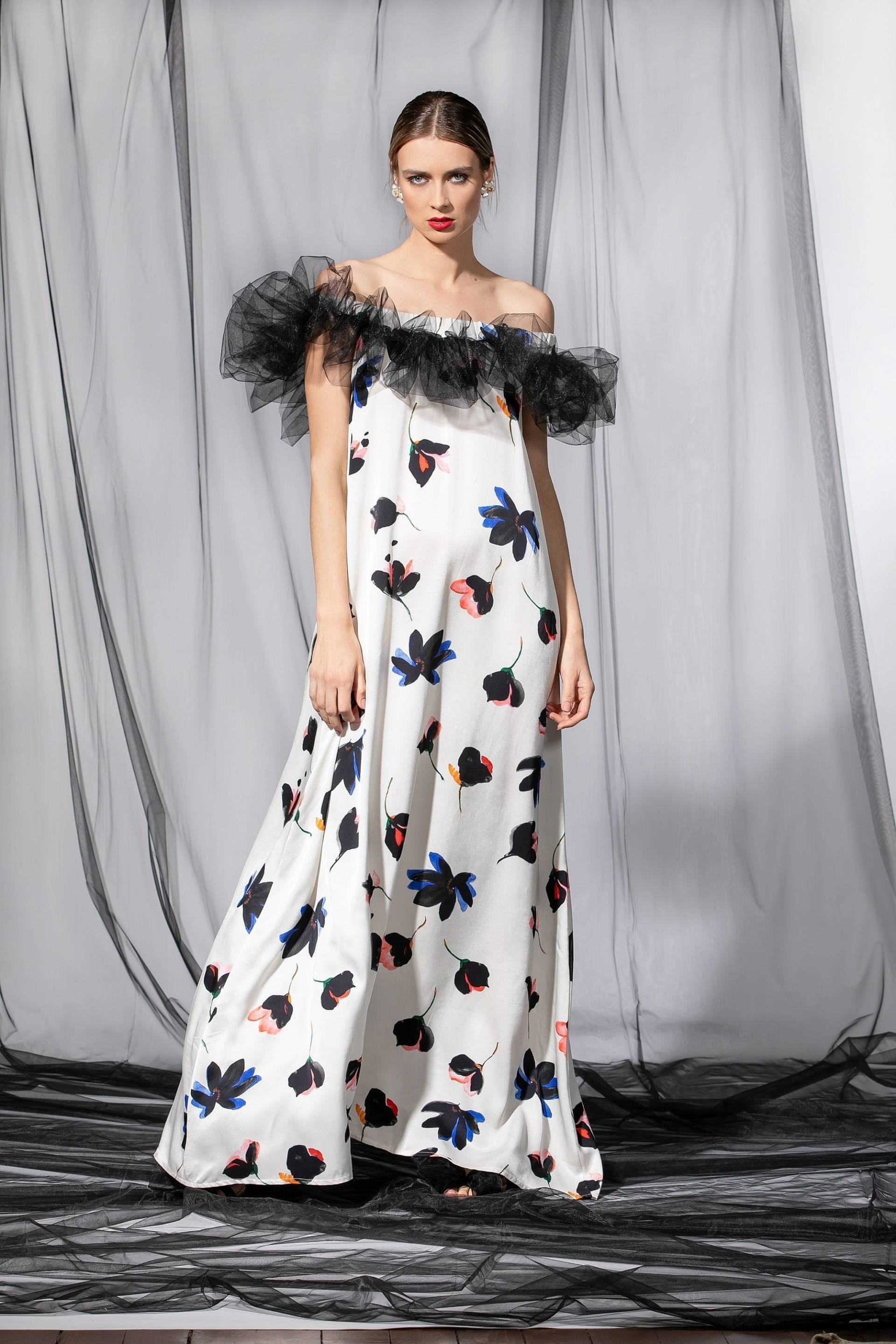 Rüschen Tüll Maxi Kleid in Floralen Muster, Off-The-Shoulder Kleid, Florales Partykleid, Extravagantes Abendkleid, Plus Size Cocktailkleid von cherryblossomsdress