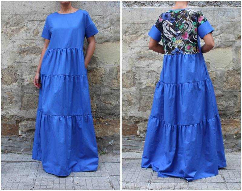 Blaues Baumwoll Maxikleid Boho Sommerkleid Mit Bedrucktem Rückenteil von cherryblossomsdress
