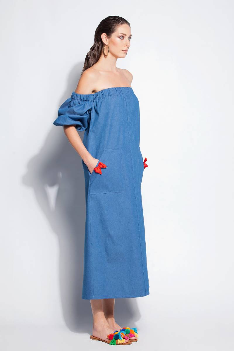 Sale Kleid, Jeanskleid, Puffärmelkleid, Kleid Mit Taschen, Volumenärmel M Gr. 6 Off The Shoulder Midi von cherryblossomsdress