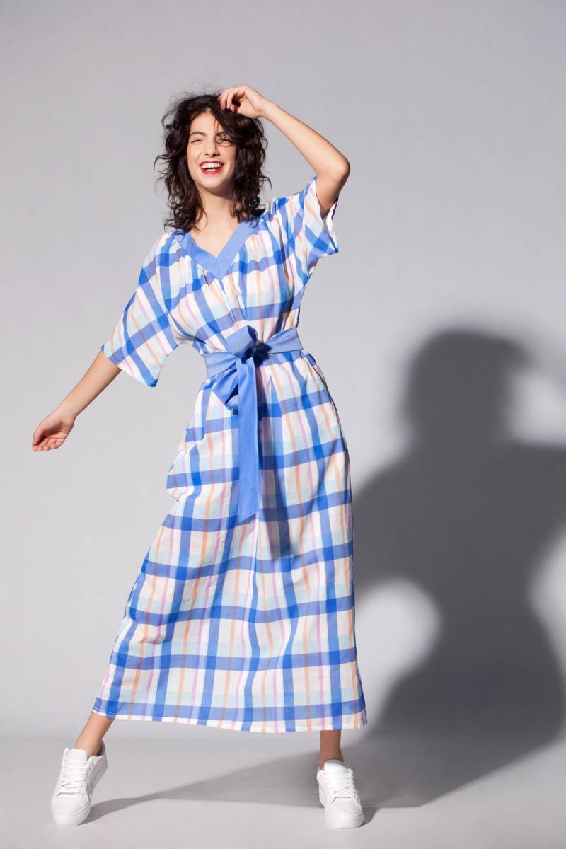 Sale Kleid, Sommer Maxi Frauen Kimono Kariertes V-Ausschnitt Gürtel Lockeres Baumwollkleid, M Größe 6 Kleid von cherryblossomsdress