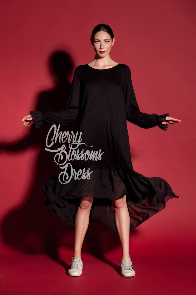 Schwarzes Maxi Kleid Langarm Viskose Sommerkleid von cherryblossomsdress